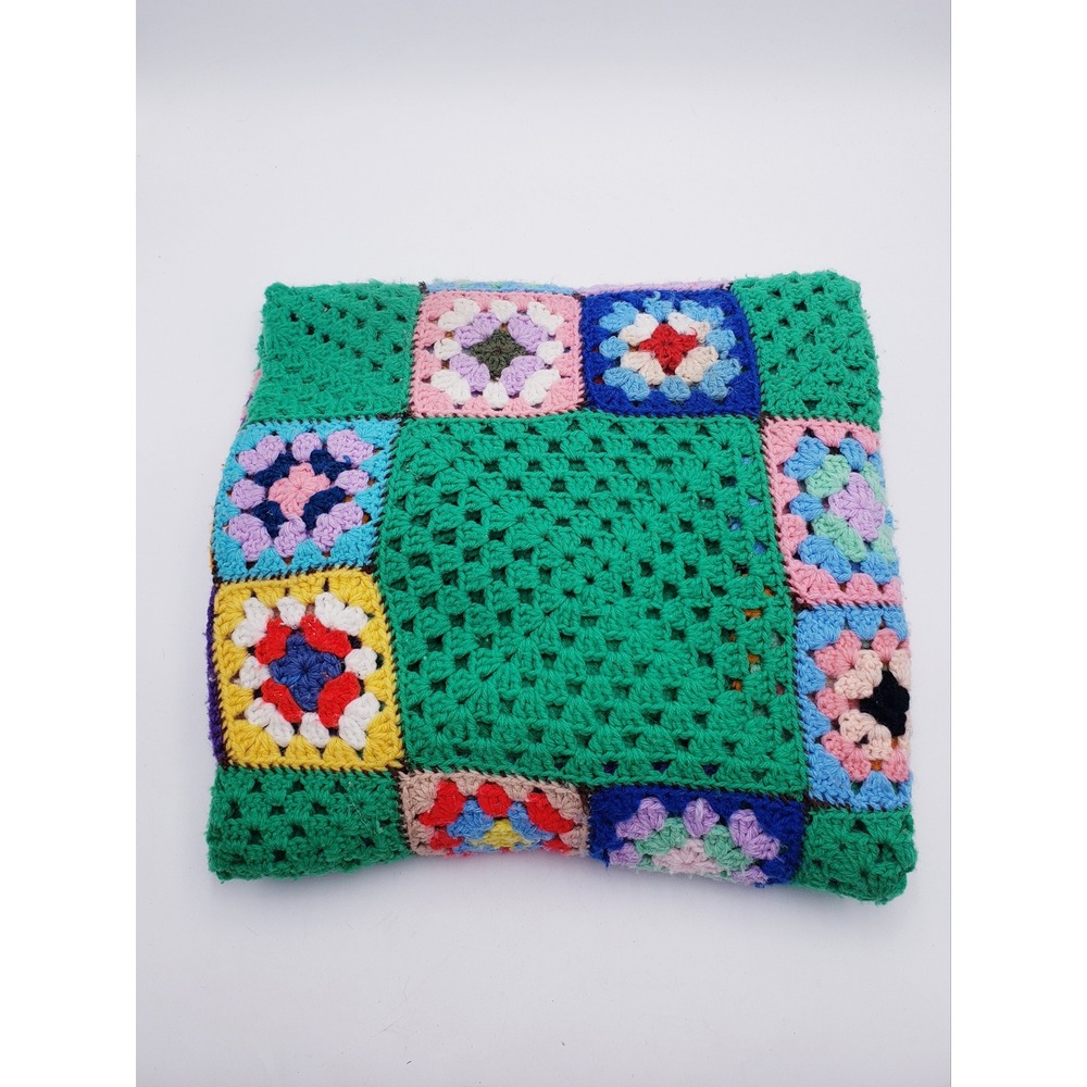 Handmade Crochet Granny Square Afghan Blanket Green Multi Color OS